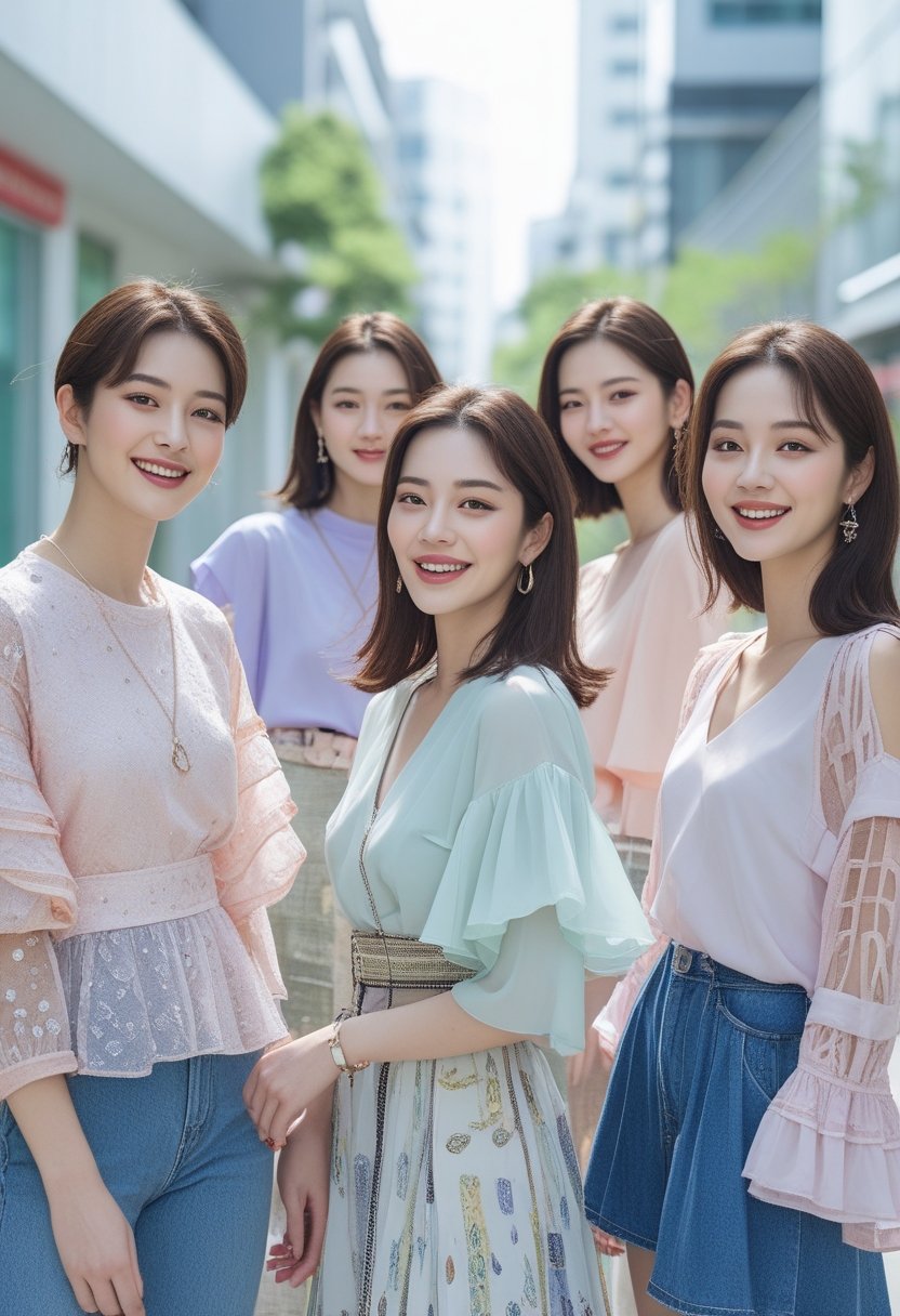 A group of young adults wearing fashionable Korean tops and dresses standing on a city street, smiling and posing naturally.